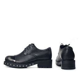 Black Rivets Derby for Men Handmade Cow Leather Thick Heel Gentlemen T Stage Oxfords Shoes