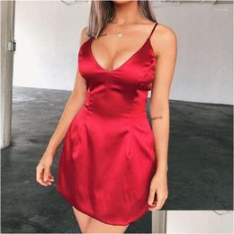 Basic & Casual Dresses Casual Dresses Yuqung V Neck Satin Mini Dress Women Y Faux Silk Strap Evening A Line Short Slip Pink Sundress Othom