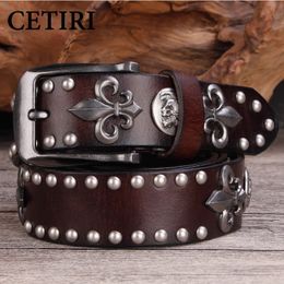 High Quality Metal Rivet Cowboy Belt Top Grain Genuine Leather Cowskin Men Punk Jeans Belts For 240109