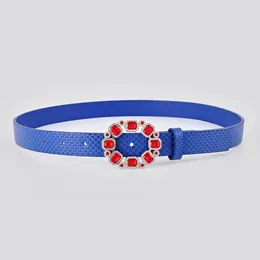 Belts Fashion Embossed Blue Skinny Strap With Red Rhinestones Buckle For Women