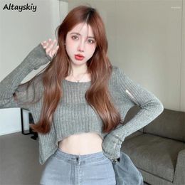 Women's Sweaters O-neck Pullovers Women Solid Fashion Knitted Long Sleeve Sweater Sweet Y2k Crop Tops All-match Aesthetic Clothes Female Ins