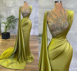 Dresses Arabic Lemon Green Satin Mermaid Evening Prom Dresses Sheer Mesh Top Sequin Beads Ruched Formal Occasion Wear Gold Hunter Sheer Ne