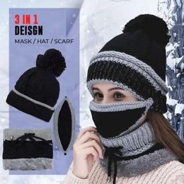 Hat winter women's Mask balaclava Hat for girls Scarf Thick Warm Fleece Inside Knitted Hat Scarf Set 3pcs Winter Hats 240109