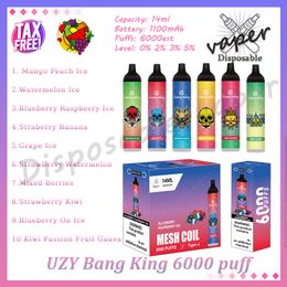 Factory wholesale Uzy Bang King 6000 Puff Disposable Vape Pen Mesh Coil 14ml Pre-filled Pod 1100mAh Rechargeable Battery 0% 2% 3% 5% Evaporator 6k E Cigarette 10 Flavors