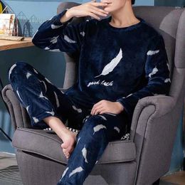 Men's Sleepwear Autumn Winter Flannel Boy Thermal Velvet Feather Print Pajama Sets Casual Pjs Male Loungewear Pyjamas Nightwear