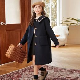 Kids Winter Wool Blend Coats Vintage Fashion Teen Girls Long Jackets Warm Outerwear Thick Jacket Child 7 8 10 12 Years Old S77 240108