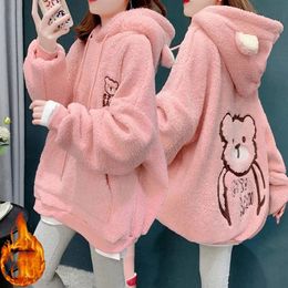 Autumn Winter Lamb Hoodies Women Kawaii Plush Sweatshirt Jacket Casual Warm Hooded Ear Female Cute Bear Print Sweatshirts Coats 240109