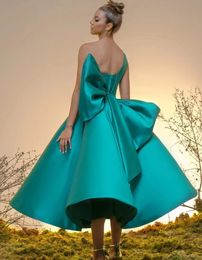 Elegant Blue Puffy Evening Birthday Dress 2024 One Shoulder Open back Big Bow Tea Length Satin Prom Party Gowns Robe De Soiree