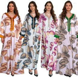 Ethnic Clothing Ramadan Eid Floral Printed Feather Diamond Splicing Muslim Arab Dress Dubai Fashion Pleated Abaya Robes Islam Robe