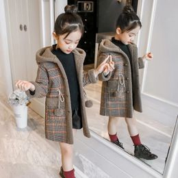 Autumn Winter Girls Hairy Coat Fashion Design Long Coat for Girls Kids Outerwear Grid Pattern Warm Winter Jacket Coats 4-12T 240108