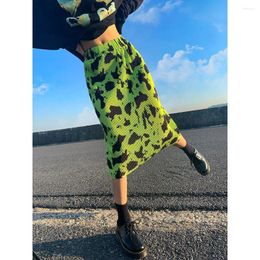 Skirts Green Cow Tie Dye Pleated A-line Midi Long High Waist Skirt Vintage Streetwear Harajuku Grunge Aesthetic Summer Y2k Korean Women