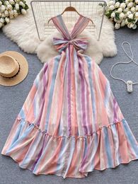 Casual Dresses Women Beach 2024 Summer Color Striped Slim Mid Length Ruffled Edge Boho Long Dress A-line Vintage Robe Vestidos