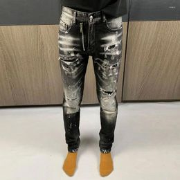 Men's Jeans High Street Fashion Men Retro Black Grey Stretch Slim Fit Ripped Painted Designer Patched Hip Hop Brand Pants