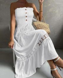 Casual Dresses For Women 2024 Fashion Sweet Vacation Bandeau Sleeveless Shirred Lace Patch A Line High Waist Maxi Dress