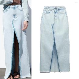 Skirts 2024 Women's Temperament Fashion Casual Slimming Front Zipper And Metal Button Closure Midi Denim Skirt