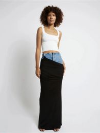 XIZOU Patchwork Denim Skirt High Waist Pleated Maxi Skirt 2023 Fashion Streetwear Bodycon Long Skirts for Women Fall