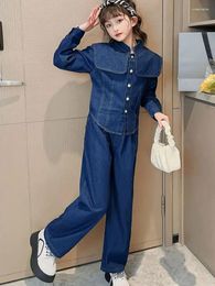 Clothing Sets Korean Spring Autumn Children Girl 2pcs Suit Junior Navy Collar Denim Jacket Wide-leg Pants For Girls 4-12Yrs