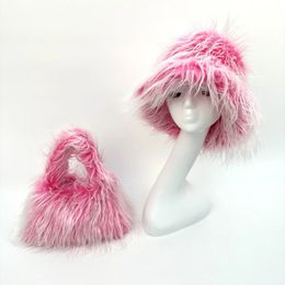 Pink European and American Large brim Faux Fur Women's Winter Warm Thickened Hat bucket hat 240108