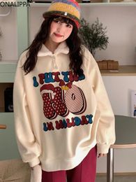 Women's Hoodies Onalippa Cartoon Printing Sweatshirt Hoodie Contrast Turn Down Collar Casual Thick Winter Clothes Women Lambhair Pullover