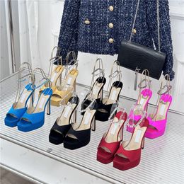 2024 NEWEST High Quality brand Designer Summer pumps Satin Square Toe Water Platform silk High Heels Fashion Thick Heels Rhinestone Chain Catwalk Sandals For Women