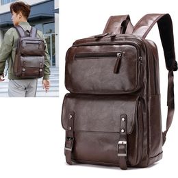 Vintage PU Leather Men Backpack Business Travel Large Capacity Male Laptop Bag Fashion School Bags For Boys 240108