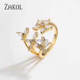 Cluster Rings ZAKOL Classic AAA Cubic Zirconia Open Butterfly Flower Rings for Women Engagement Wedding Party Bridal Jewellery Ring RP2275 YQ240109