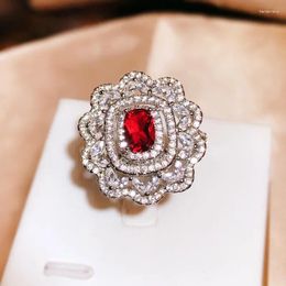 Cluster Rings Imitation Ruby Flower Opening Ring Female Fashion Full Diamond Party Birthday Jewelry Gift