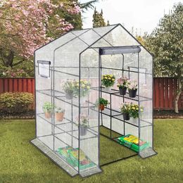 Walk-in Mini Greenhouse with WindowPlant Gardening Green House 2 Tiers and 8 ShelvesL56.5 x W56.5 x H76.5 240108