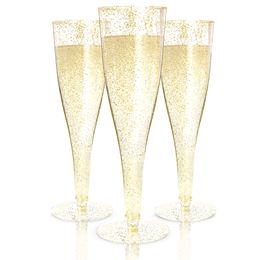 Champagne Flutes Plastic Disposable Champagne Cup Gold Glitter Wine Glasses for Parties, Mimosa Bar, Wedding Party Supplies