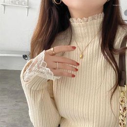 Women's Sweaters Autumn Winter Half High Neck Lace Sexy Pullover Long Sleeve Knitwear Sweater Fashion Casual Elegant Knitting Lady Tops