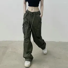 Women's Pants 2024 Vintage Cargo Women Drawstring Fashion 90s Streetwear Pockets High Waist Straight Y2k Army Green Trousers