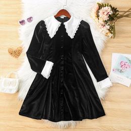 Girl Dresses FOCUSNORM 8-12Y Autumn Winter Kids Girls Fashion Dress Coat Turn-Down Collar Patchwork Long Sleeve Velvet A-Line