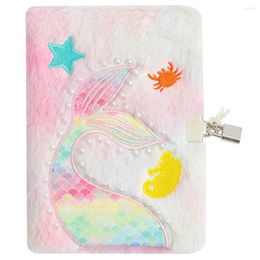 With Lock Mermaid Notebook Office Kids Gifts Fuzzy Journal Paper Cartoon Tail Notepad