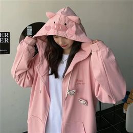 Spring and autumn hooded piggy ears sweater jacket women cute pig design playful goth girl loose cardigan top 240109