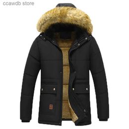 Men's Jackets New Casual Men Winter Parka Fleece Lined Thick Warm Hooded Fur Collar Coat Male Size 5XL Plush Jacket Work Outwearing Black T240109