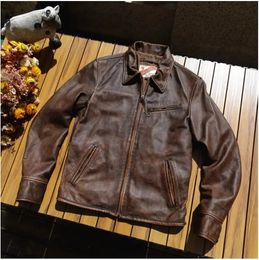 YR.Classic motor Rider style real leather coat.Men 1930 vintage brown cowhide jacket.Soft leather outwear.Cool 240108