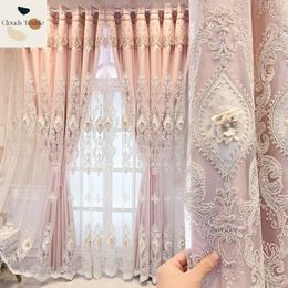 Curtains for Living Room Bedroom Dining custom European Style DoubleLayer Curtain Pink Cloth Yarn Relief Embroidery Window 240109