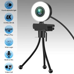 Webcams New 4K Webcam 2K Full HD Web Camera With Microphone LED Fill Light USB Web Cam Rotatable For PC Computer Laptop for YoutubeL240105