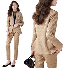 Women's Two Piece Pants Fashion Ladies Formal Pant Suit Women Geometry Print Long Sleeve Jacket And Trouser Female Business Work Wear 2