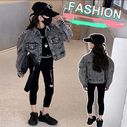 Big girls short denim jacket old kids lapel single breasted long sleeve casual outwear 2024 spring teenagers hole zipper leggings pants Z6599