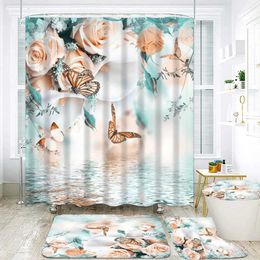 Shower Curtains Flowers Butterfly Print Shower Curtains Piece Carpet Toilet Cover Bath Mat Pad Set Bathroom Curtain with Home Decor