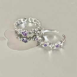 Wedding Rings Purple Pink Rhinestone Heart Fashion Luxury Shiny Engagement Ring For Women Silver Open Y2K Sweet Korea Style Jewelry Gift