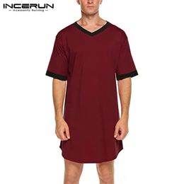 INCERUN Men Sleep Robes Short Sleeve V Neck Nightgown Homewear Comfortable Patchwork Loose Mens Bathrobes Dressing Gown S-5XL 240109