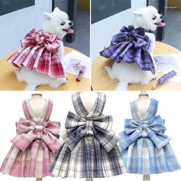 Dog Collars Pet Plaid Skirt Adjustable Harness Princess Style Dress With Bowknot Party Birthday Wedding Chest Strap Traction Clothes