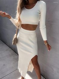 Work Dresses Solid Thread Skirts Two Piece Sets Womens Outifits Autumn Winter Long Sleeve Sexy Split Skirt Elegant Women's