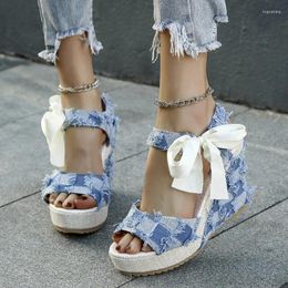 Sandals Bow Wedges Platform Women Cowboy High Heels Shoes 2024 Summer Open Toe Dress Fashion Female Walking Zapatos Pumps