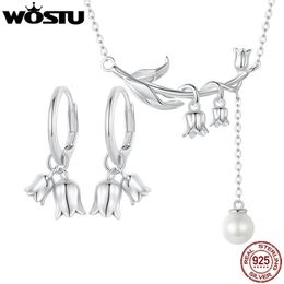 WOSTU Real 925 Sterling Silver Lily of the Valley Flower Necklace Pearl Pendant Drop Earrings Set Wedding Party Jewellery Gift 240109