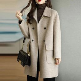 Womens long sleeved girl coat with smooth colors paired suit collar and double button for autumn novelty 240108