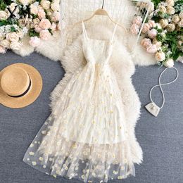 YuooMuoo Korean Fashion Daisy Flower Print Mesh Party Dress Summer Two Layers Spaghetti Strap Vacation Midi Dress Beach Vestidos 240108