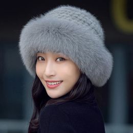 Mink Fur Knitted Bucket Caps Autumn Winter Women Real Fox Fur Thick Warm Hats Fashion Outdoor Hats Beanies For Women 240108